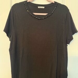 Elegant Black Short Sleeve Top with Beaded Neckline
